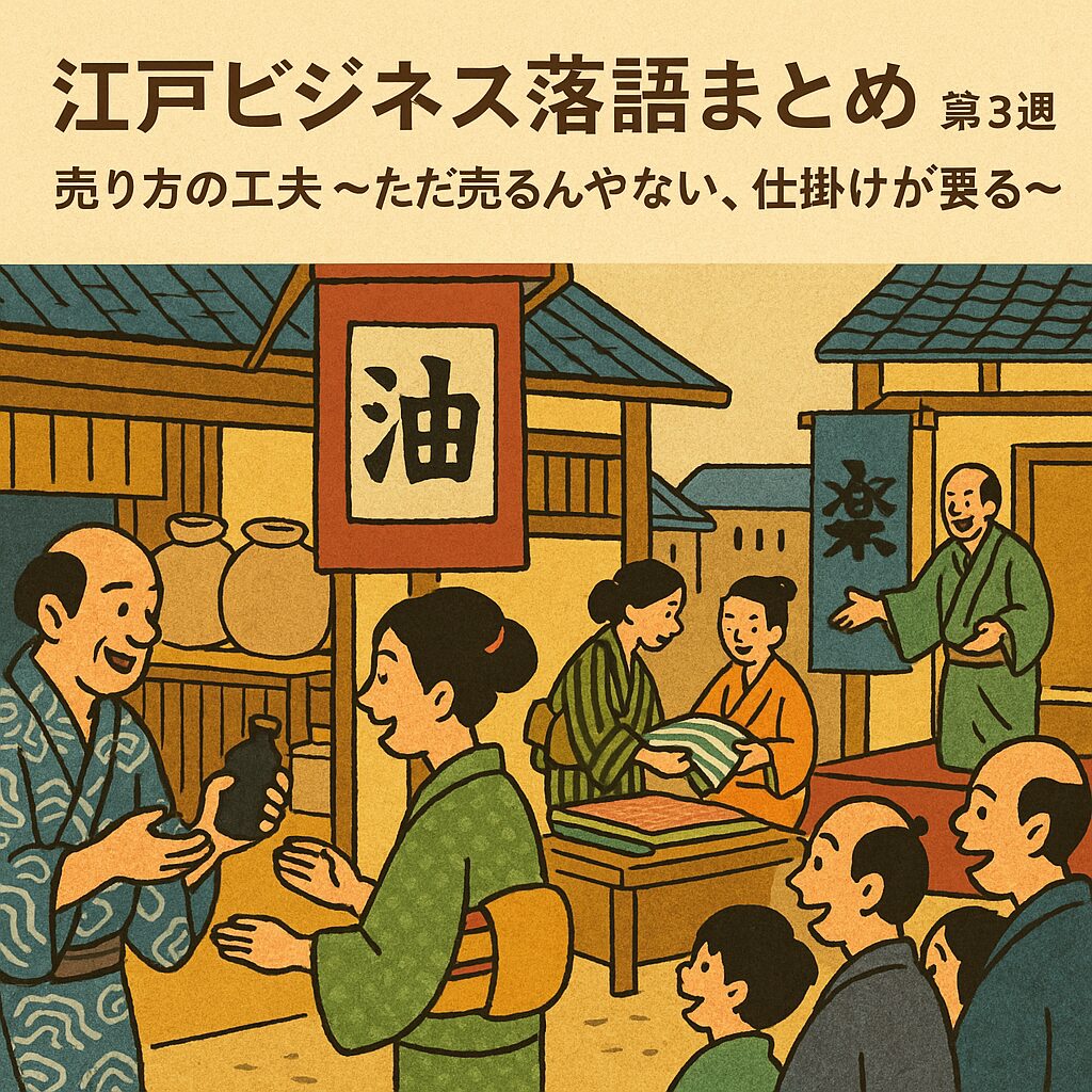 江戸の市場で油屋・呉服屋・薬屋が賑わう様子。売り方に工夫を凝らす商人たちと、それを楽しむ客の姿。