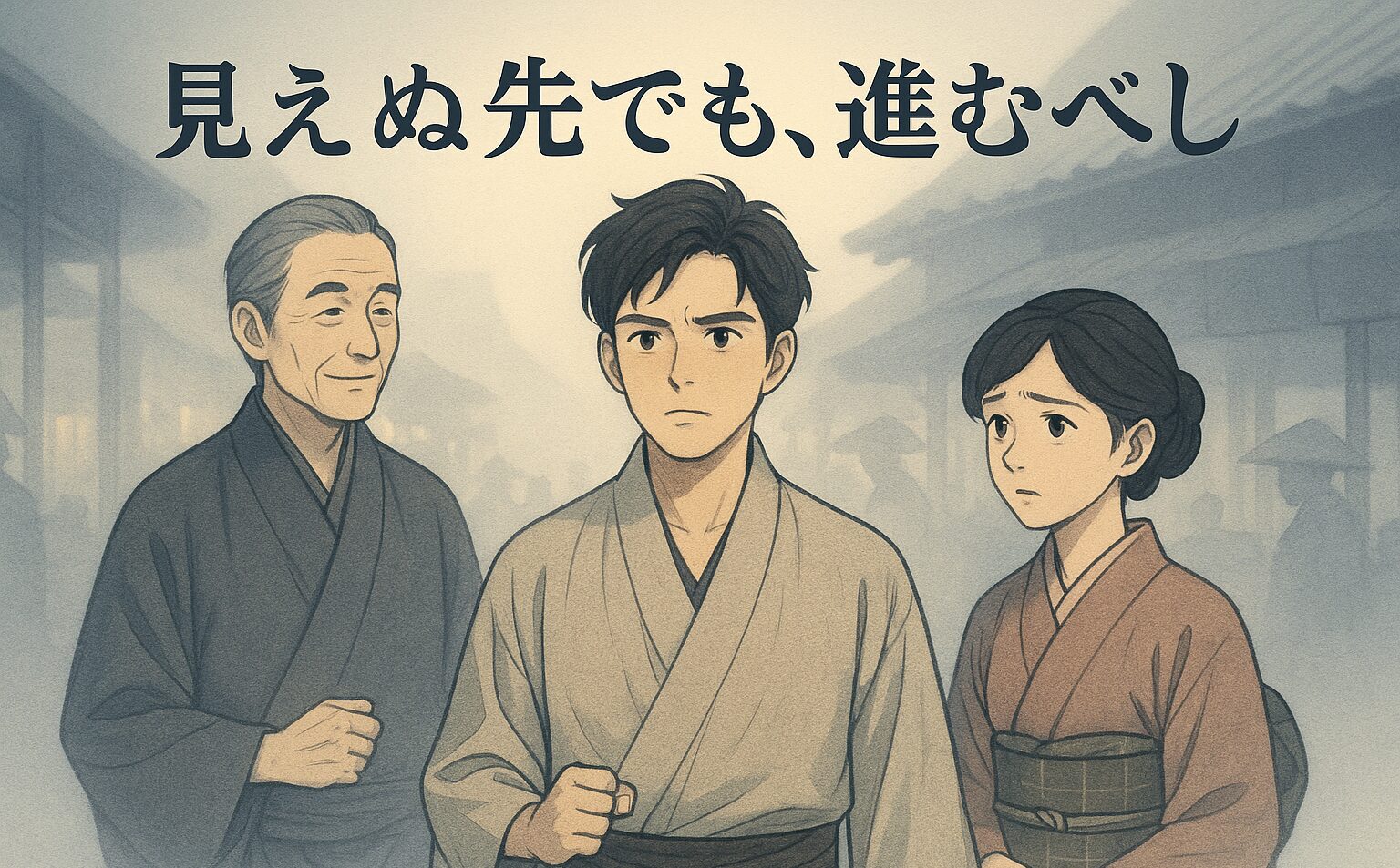 霧の立ちこめる江戸の市場で、迷いながらも決断しようとする若旦那。後ろに立つ女将が不安そうに見守り、蔵はん先生が静かに導く。視界の不確かさが「戦争の霧」を象徴する一場面。