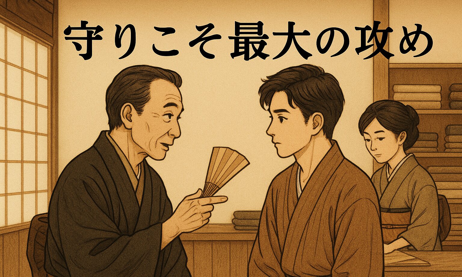 呉服屋の店内で、蔵はん先生が若旦那に静かに防御の本質を語る。女将は落ち着いた様子で布をたたみ、店の伝統を支えている。守りの力を象徴する構図。