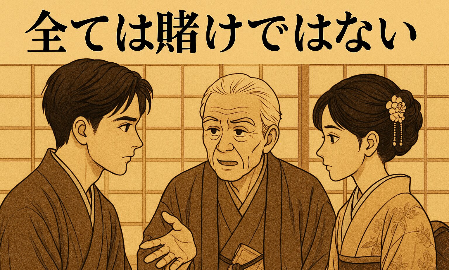 商人の若旦那が商談の成否に揺れる中、蔵はん先生が冷静に“確率を読むこと”の重要性を説く。決断と読みの違いを描いた場面。