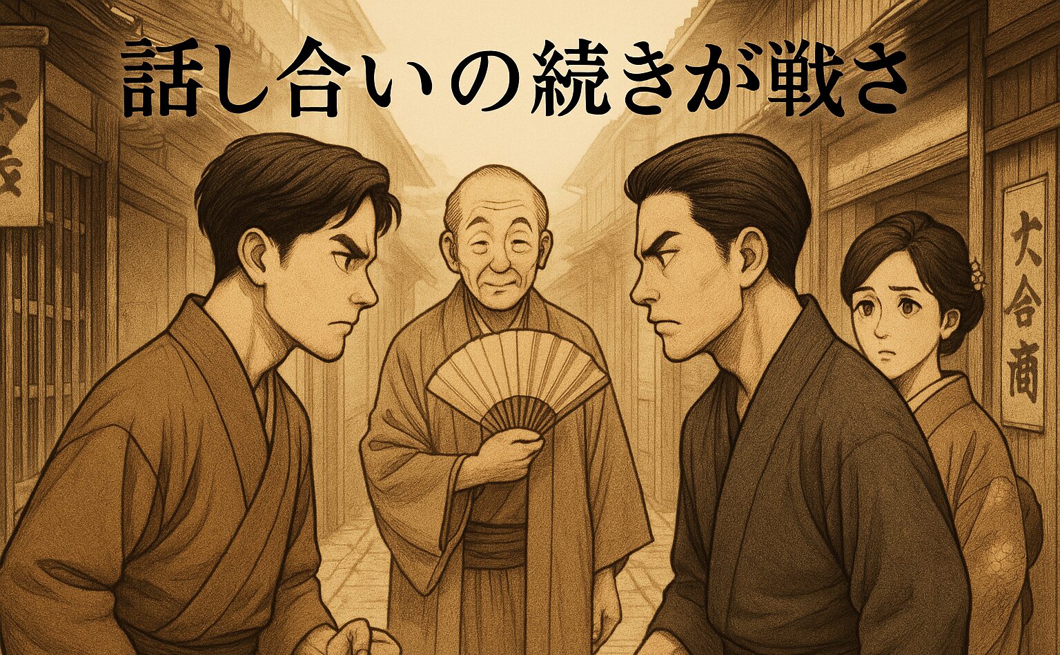若旦那と隣店の商人がにらみ合う場に、蔵はん先生が割って入り、争いを止めようとする場面。怒りを乗り越え、目的に立ち返る商人の姿を描く。