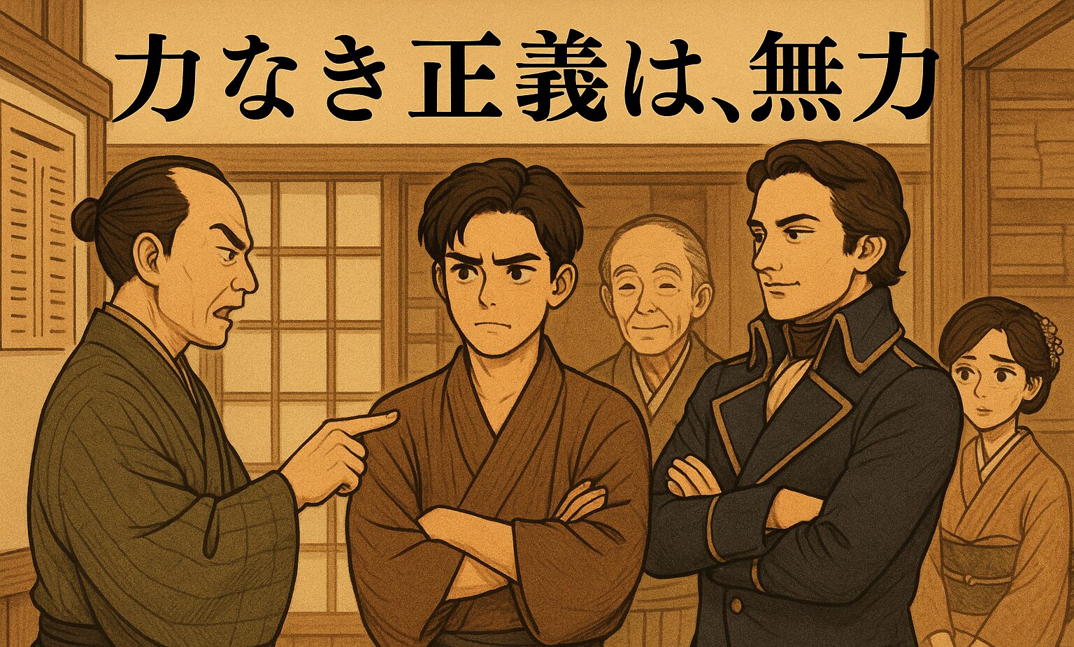 役人から圧力を受ける若旦那の前に、ナポレオン（ナポやん）が現れ、戦略で乗り越える方法を語る場面。蔵はん先生とおさきが静かに見守る。