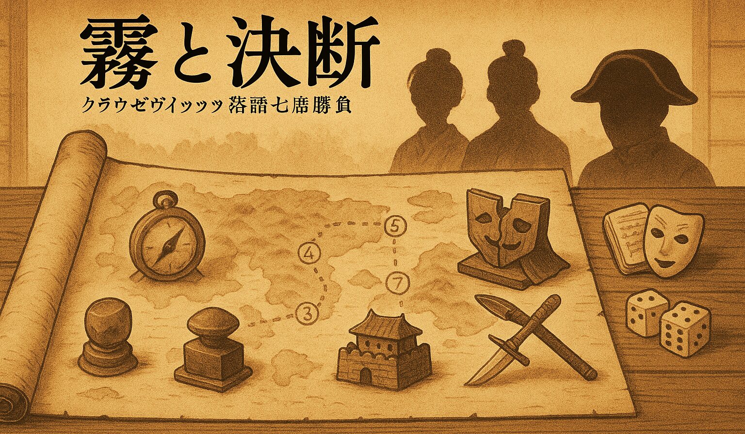 巻物の上に七つのアイコンが並び、後ろ姿の商人たち（タケ・おさき・蔵はん先生・ナポやん）が柔らかい光に照らされているビジュアル。全七席の旅路を象徴。