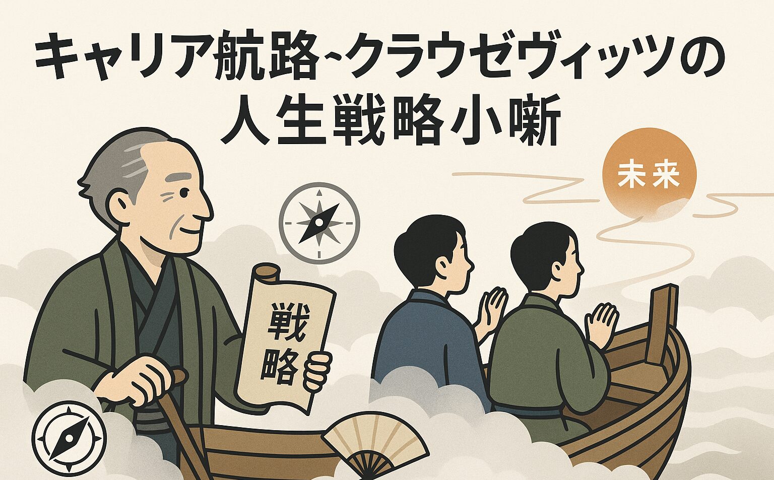 「霧の海を船で進む蔵はん先生と若者たち。未来に向かって航路を定める和風デザインのサムネイル