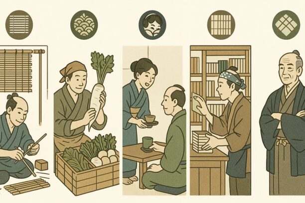 江戸時代の商人たちが並ぶ5つの商い風景。簾職人、八百屋、茶屋、書店、老舗の旦那が登場し、それぞれの“続く商い”の工夫を視覚的に表現したインフォグラフィック。