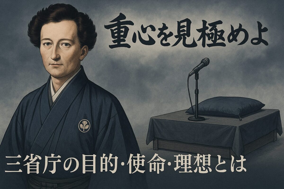 着物姿のクラウゼヴィッツが左側に立ち、右側には和風の高座とマイクスタンドが設置されている。背景は落ち着いたネイビーブルーと墨色のトーンで、ほのかに霧が漂っている。上部には毛筆風の大きな文字で「重心を見極めよ」、下部には明朝体で「三省庁の目的・使命・理想とは」と書かれている。全体が知的かつ重厚な雰囲気で和洋が自然に調和している。