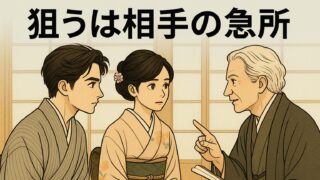 若旦那と女将が団子屋の商いについて議論している中、蔵はん先生が指南するシーン。重心を見極める決断の場面を描いたサムネイル。
