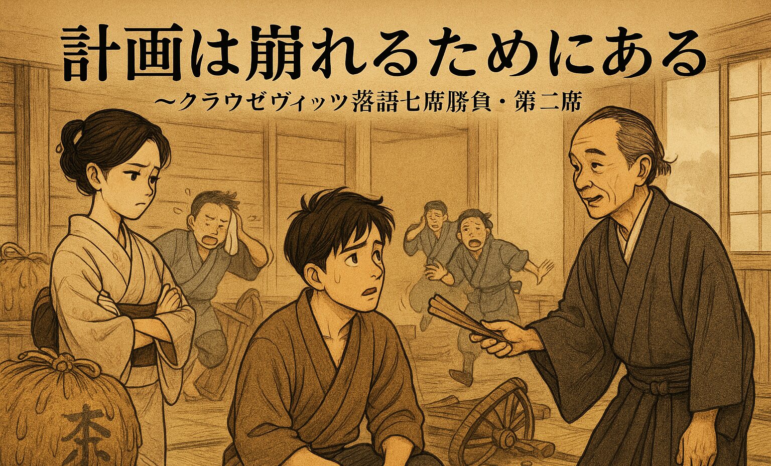 倉庫内で濡れた米俵や混乱した使者たちに囲まれる若旦那。混乱を前に思案する姿のそばで、腕を組んだ女将が冷静に見つめる。蔵はん先生が静かにアドバイスを送る情景。計画の崩れと摩擦を象徴する構図。