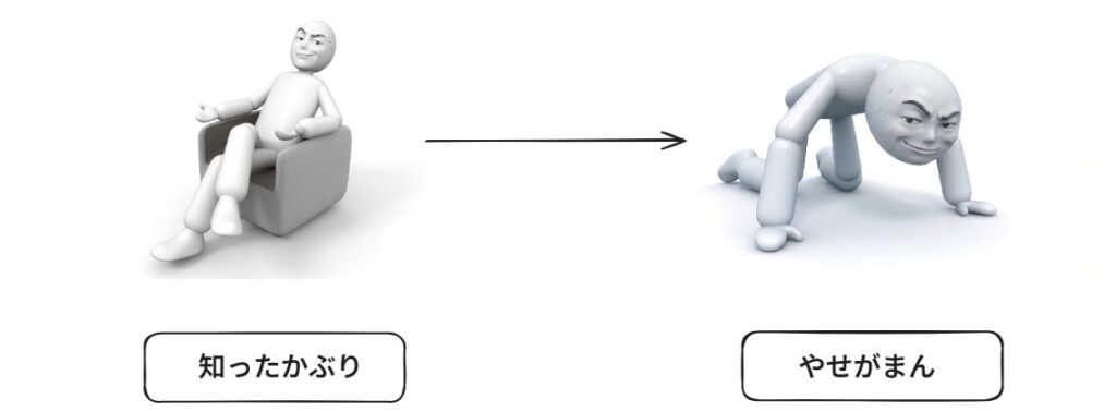 「ちりとてちんに学ぶ」をテーマにした図解。「知ったかぶり」でソファにふんぞり返る人物が、「やせがまん」で四つん這いになる変化を描き、知ったかぶりが引くに引けなくなり結果自分がつぶれる構造を示している。